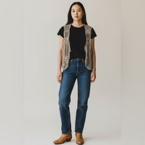 Chico’s Beaded Embroidered Sheer Mesh Beige Bohemian Festival Vest Size 2 (M/L)